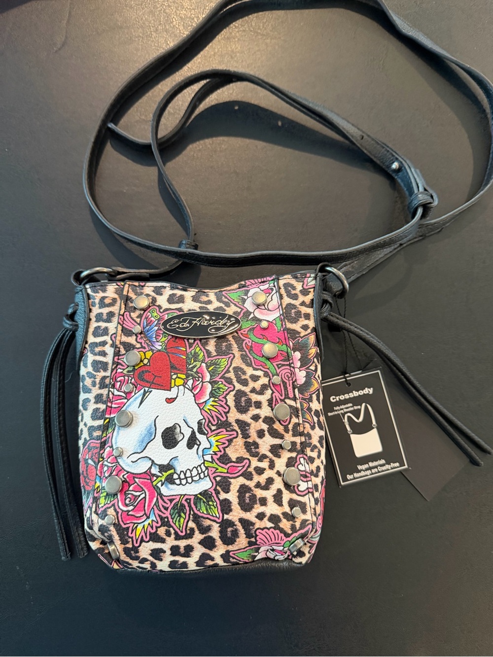 Ed Hardy Black and Pink Leopard Skull Crossbody Purse